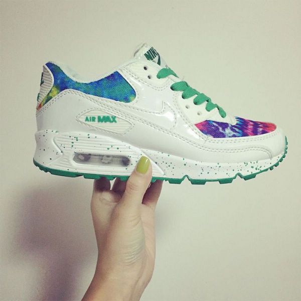 nike air max 90 25周年系列 最新配色彩色透气网面墨迹时尚女鞋 白