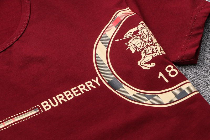 burberry t恤 2018夏季新款 格纹logo印花圆领男生短袖t恤 红色