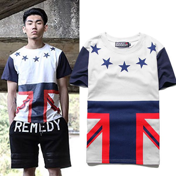 remedy衣服 2015新款 13号五角星英国国旗拼色时尚男生短t 白色